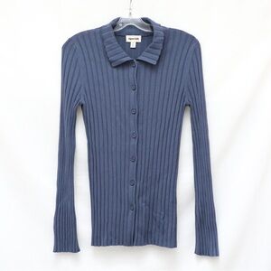 NWOT Open Edit Blue Shadow Ribbed Button-Up Long Sleeve Sweater Top Womens M